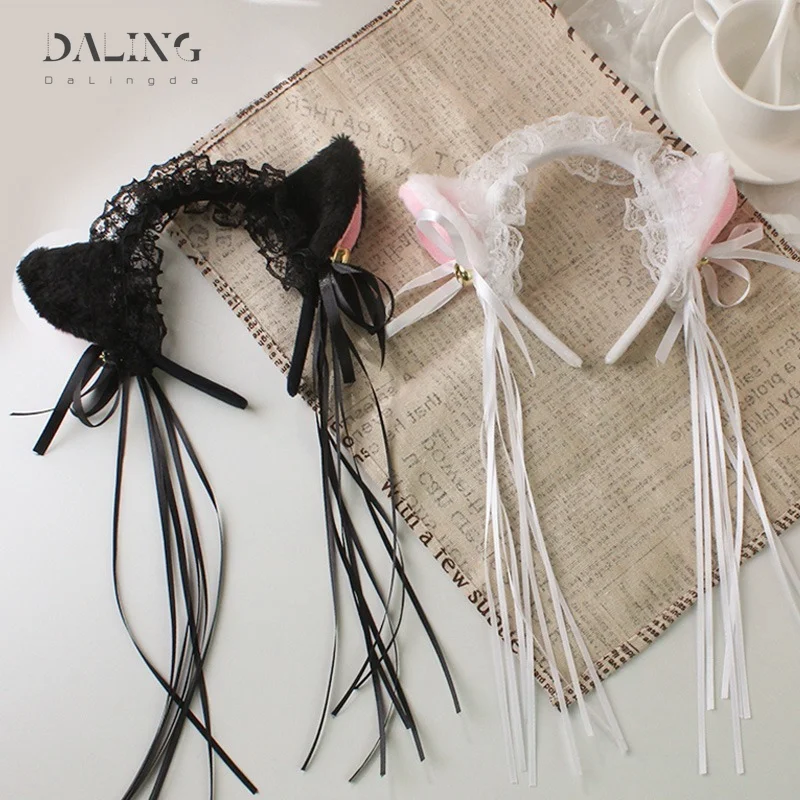 Women Ruffles Sexy Lace Headband Plush Cat Ears Ribbon Bell Lolita Anime Cosplay Hair Hoop