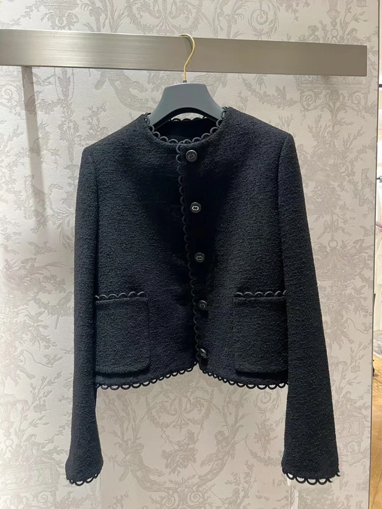 New 2023 Autumn Winter Chinese Style Half round Lace Trim Single Button Woolen Short Coat Ladies Fashion Outerwear Jacket