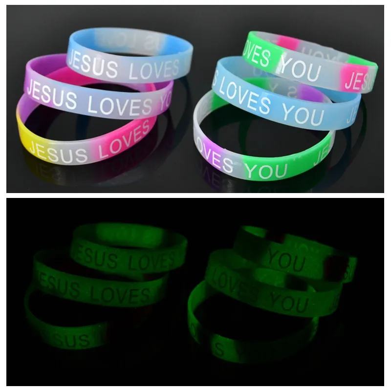 6x  Glow In Dark JESUS LOVES YOU mix colors silicone Bracelet wristband Fashion Catholic Christian Religious Jewelry