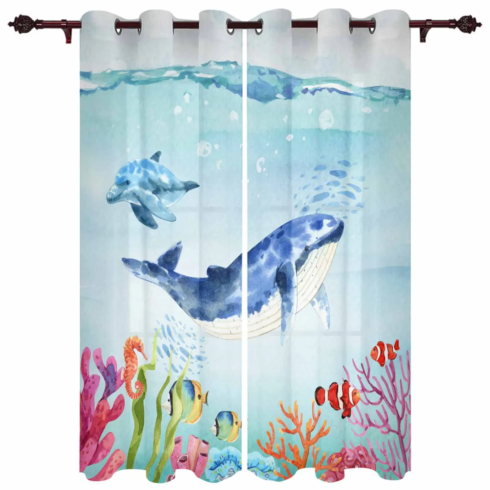 

Ocean Seahorses Dolphins Coral Shells Whales Modern Window Curtains for Living Room Bedroom Curtain Home Decor Balcony Drapes