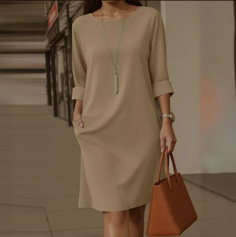 Casual Half Sleeve Loose Midi Dress Women Summer 2026 Fashion Solid Color O-neck Dresses Elegant Vestidos view 3