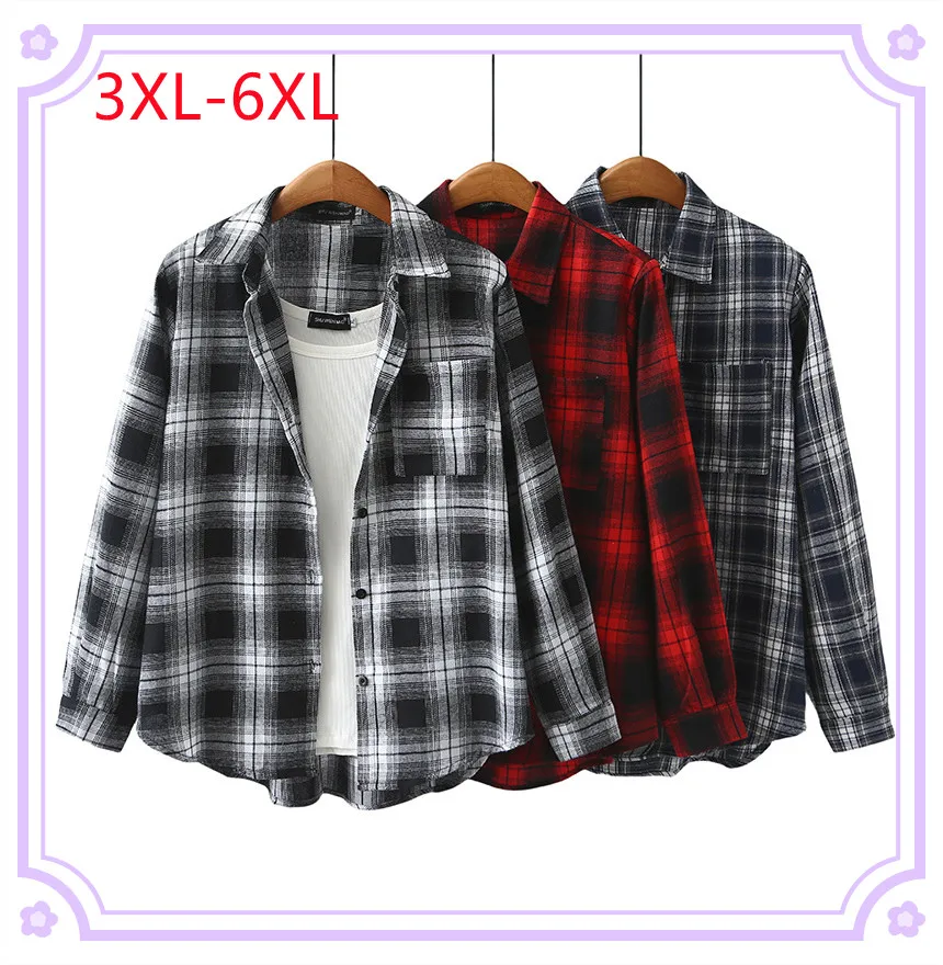 

New 2025 Ladies Spring Autumn Plus Size Shirt For Women Large Size Long Sleeve O-neck Plaid Tops Coat 3XL 4XL 5XL 6XL