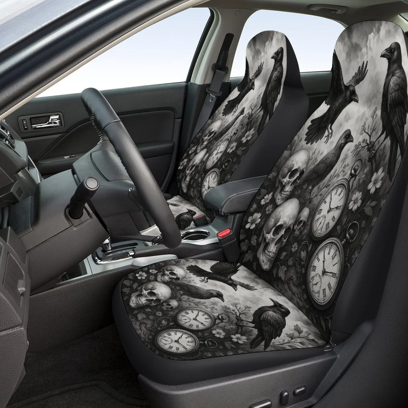 Crows And Skulls With Pocket Watches Themed Car Seat Cover Set For Most Cars, Fashion Personalized Novelty Car Seat Protector Co