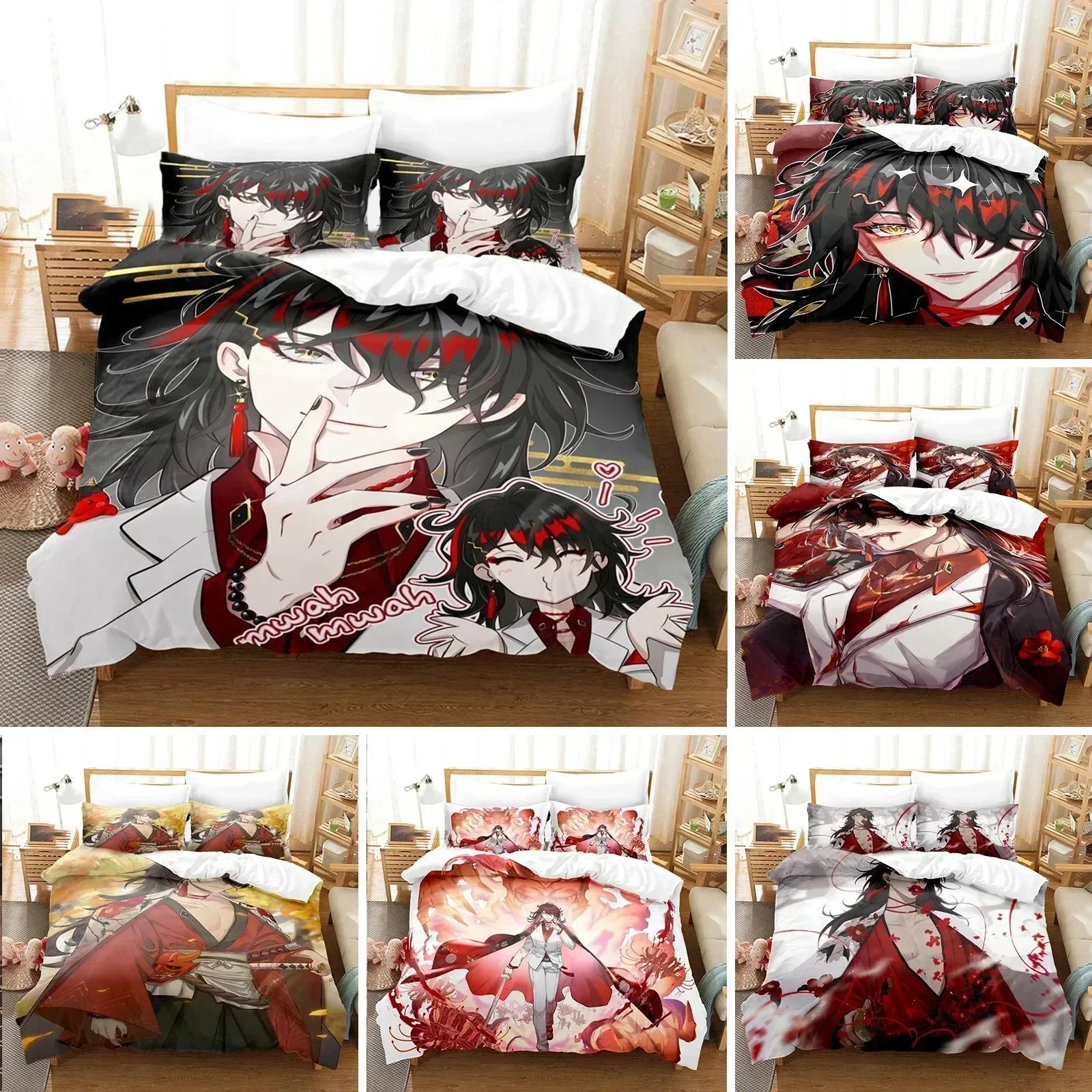 Hololive Vox Akuma Bedding Set Duvet Cover Sheet Printed Bed Set Pillowcase Bed Full Queen King Size Comforter Bedroom