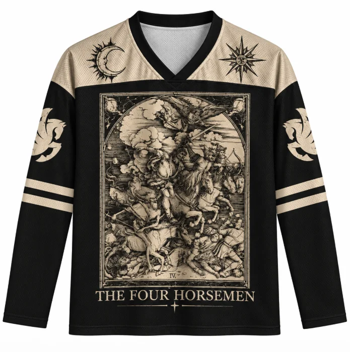 The Four Horsemen Apocalypse Long Sleeve Hockey Jersey Black Beige V Neck Vintage Woodcut Print Unisex Gothic Streetwear