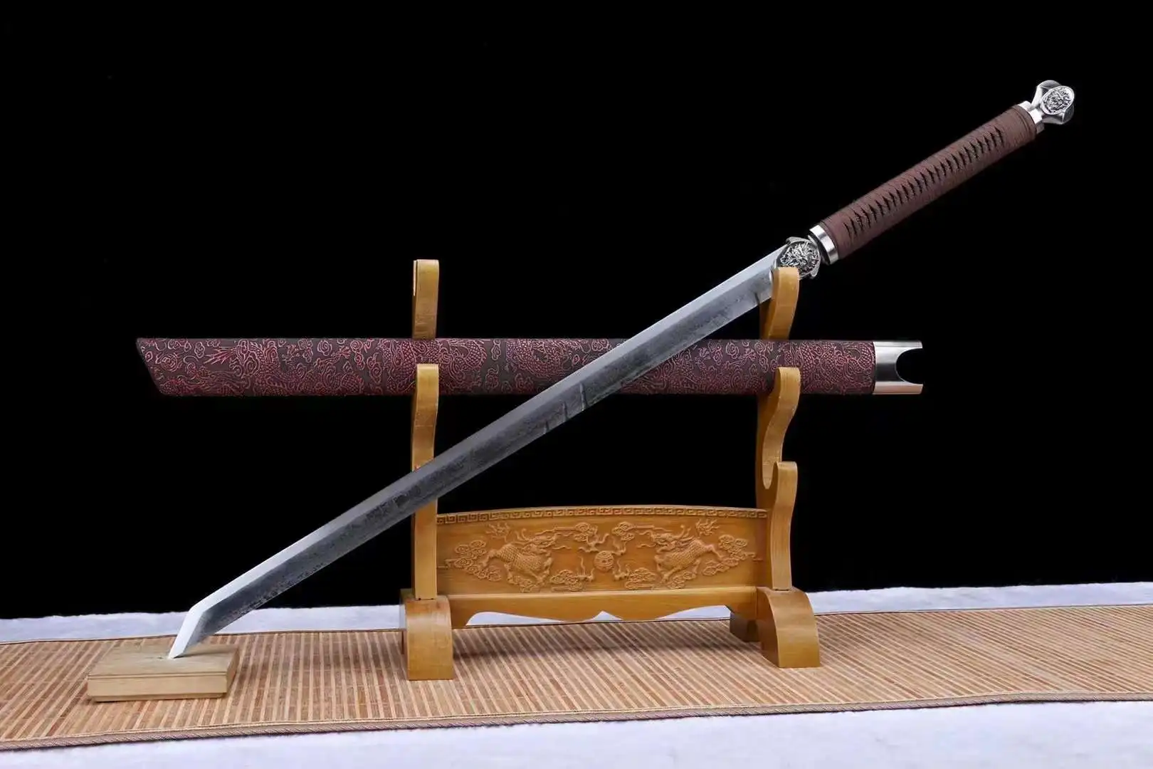 Chinese Dragon Pattern Integrated Tang Horizontal Battle Sword, Train Spring Steel Blade, Top Rosewood Sheath Wrapped, Unsharp