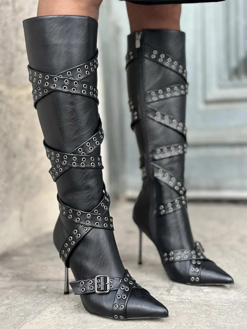 

Cool Girl Black Leather Stiletto Heel Thigh-High Boots Studded Strap Detail Pointed Toe Punk Design Rock-Chic Style Lady Boots