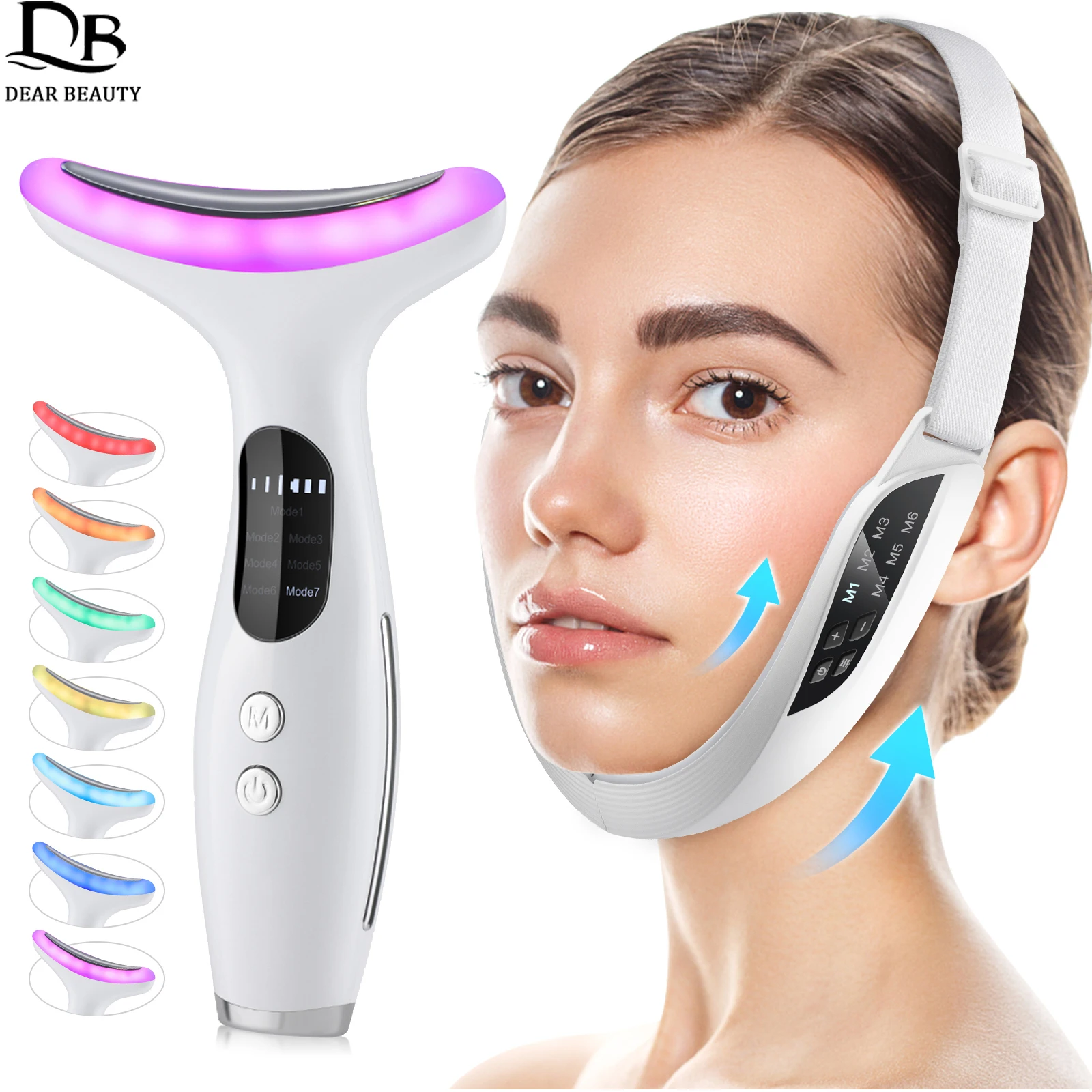 เครื่องนวดหน้าและลำคอ EMS พร้อมไฟ LED บำบัดผิว ยกกระชับลำคอ / ไมโครเคอร์เรนท์สั่นสะเทือน ยกกระชับใบหน้า ลดริ้วรอย