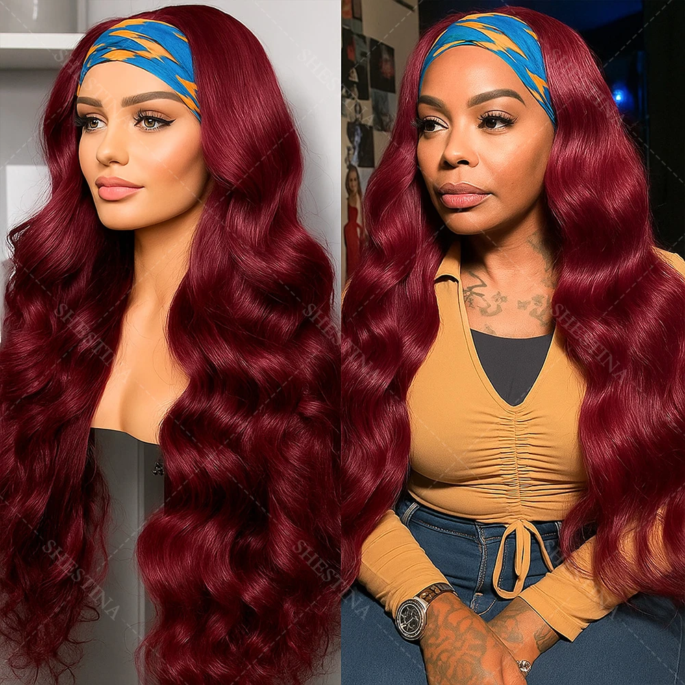 Body Wave Headband Wig Human Hair Burgundy Glueless Human Hair Wigs with Headband Brazilian Virgin Hair Machine Made Ginger Wigs