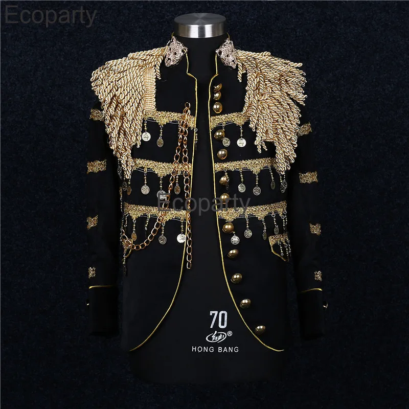 Mens Medieval Luxury Noble Prince Costume Spanish Bullfighter Clothes Metal Tassel Cardigan Jacket Singer Stage Performance Coat