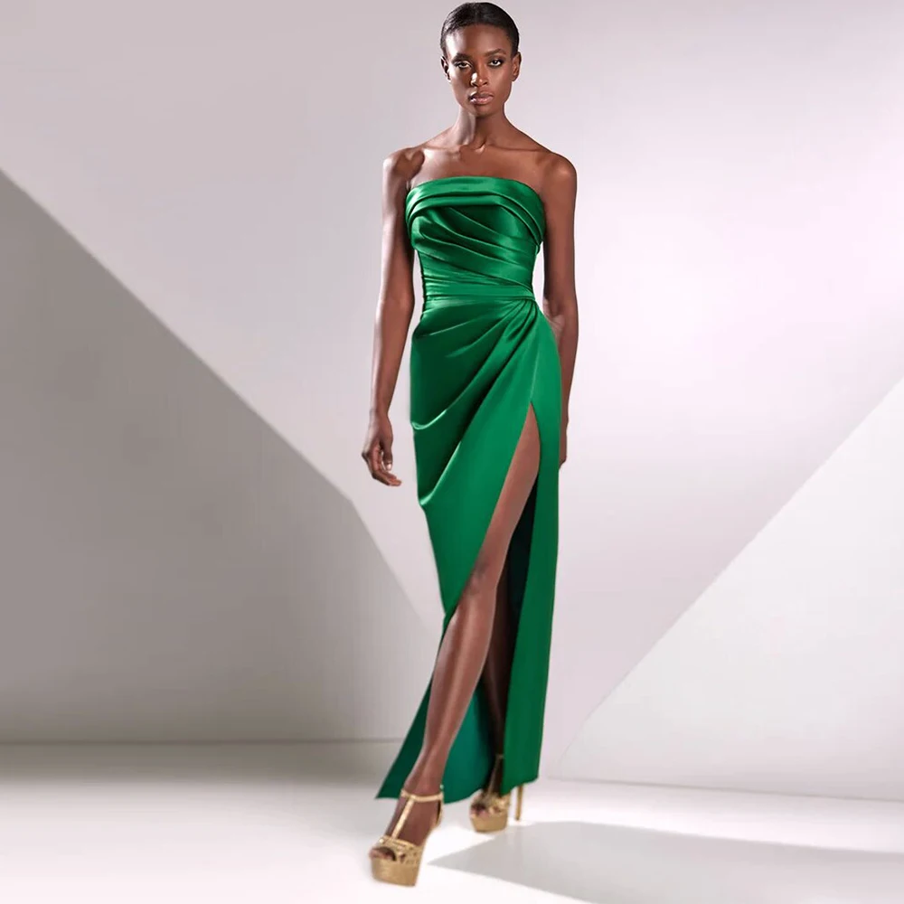 

Modern Women's Evening Gowns Green Satin Pleat Side Fork Sheath Strapless Ankle Length Dresses Gowns for Women 2024 Bride