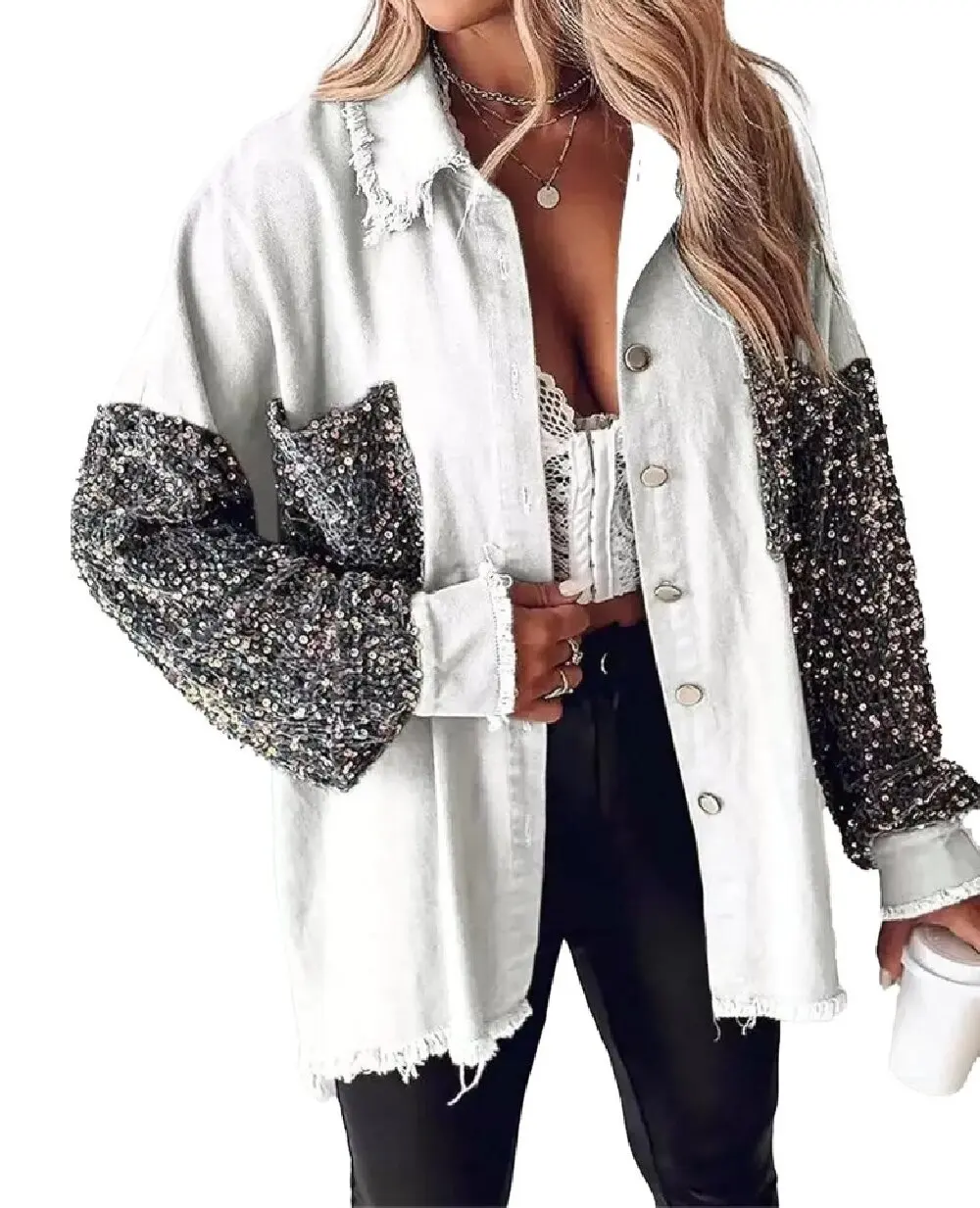 High Street Sequin Spliced Denim Jacket Lapel Raw Edge Single Breasted Loose All Match Top Long Sleeve Outerwear Coat Women