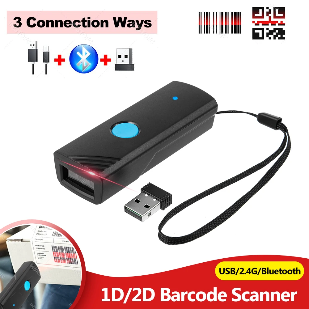 3-in-1 Wireless Bluetooth USB Barcode Reader Small Pocket 1D 2D Scanner Devices for Tablet/Phone/Computer POS Machine