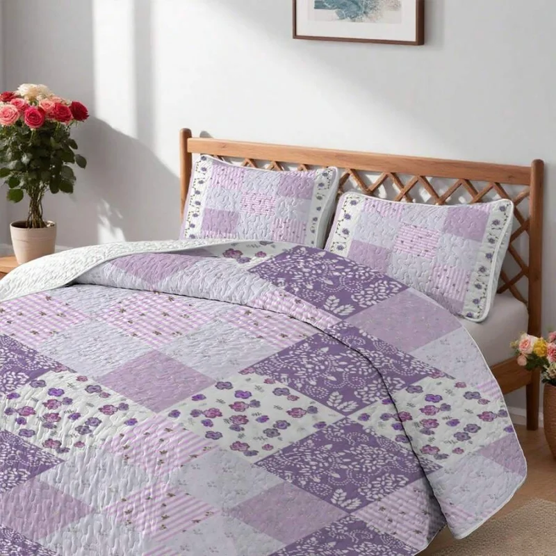 2/3pcs Purple Floral Grid Print Quilt Set(1 Quilt + 1/2 Pillowcases), 100% Polyester Lightweight Breathable Summer Bedding Set