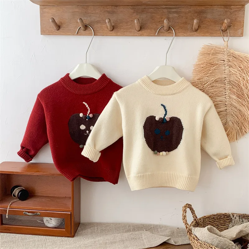 Autumn Winter Toddler Baby Girl Sweater Knitted Cute Apple Pattern Kid Girl Pullover Thicken Velvet Round Collar 1-6Y Girls Tops