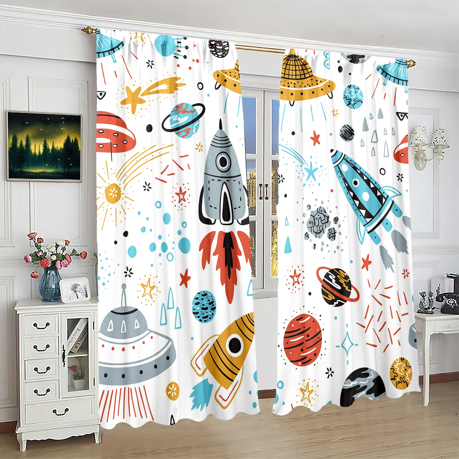 2 pieces of Cartoon spaceship Rocketprinting curtain polyester material suitable for bedroom living room study room anti-privacy