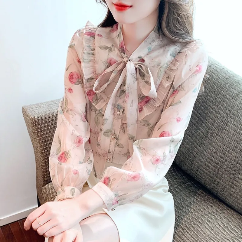 

Floral Print Chiffon irt Women's Autumn Faionable Beautiful Top Youthful Long Sve Base Layer Small irt Korean Sle