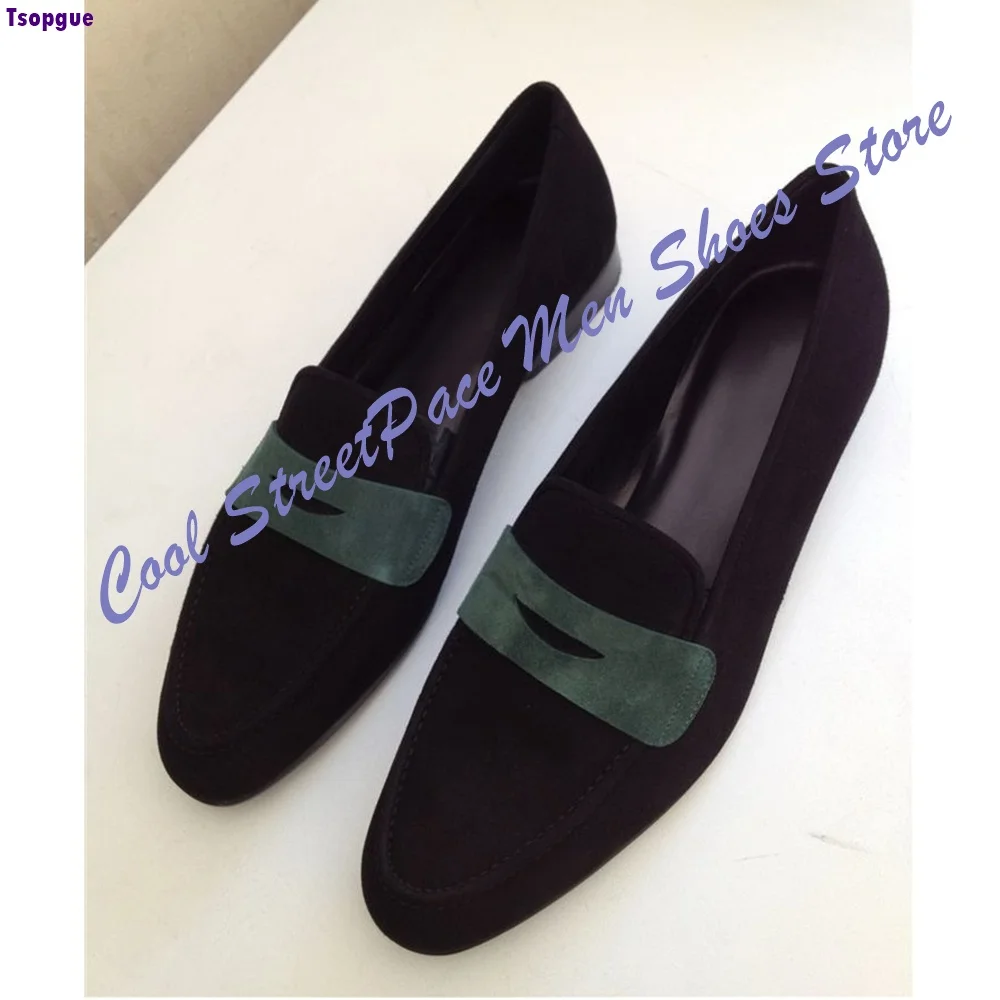 Business Commute Penny Loafers for Men Black Suede Contrast Green Decor Strap Slip‑On Formal Dress Shoes 2026 Zapatillas Mujer