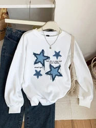 Street Women Sweatshirts Imitation Denim Prints Star Graphic Pullover Fashion Loose Crewneck Hoodie Warm Fleece Female Clothes