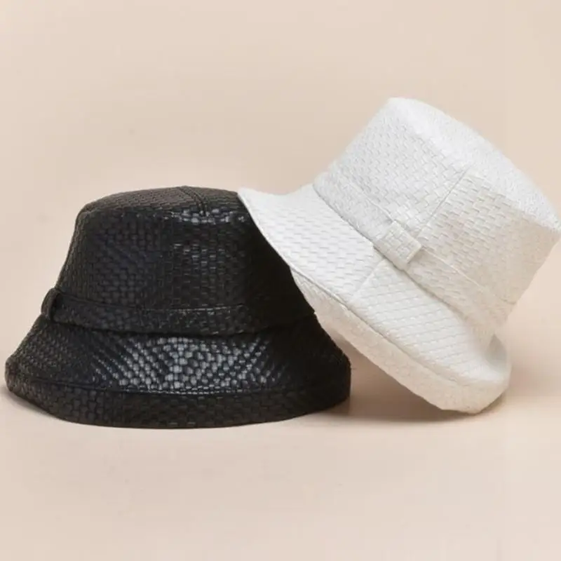 R1WE النمط الياباني المرأة خمر تقليد الجلود قبعة بحافة المنسوجة منقوشة بلون واسعة حافة واقية من الشمس الشتاء الخريف البانانا