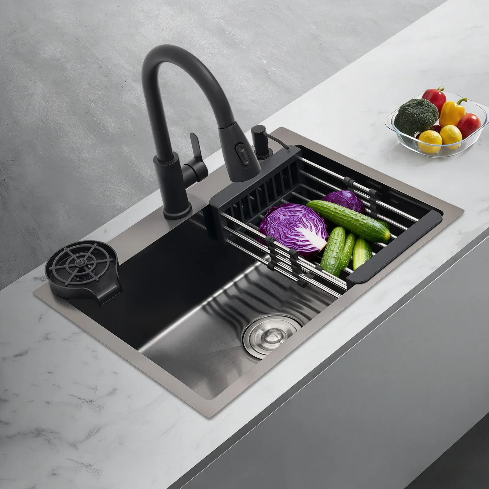 60x45cm Stainless Steel Black Kitchen Sink Set, Pull-Out Faucet, Single Bowl Bar Sink Package, Workstation Sink for Homes,