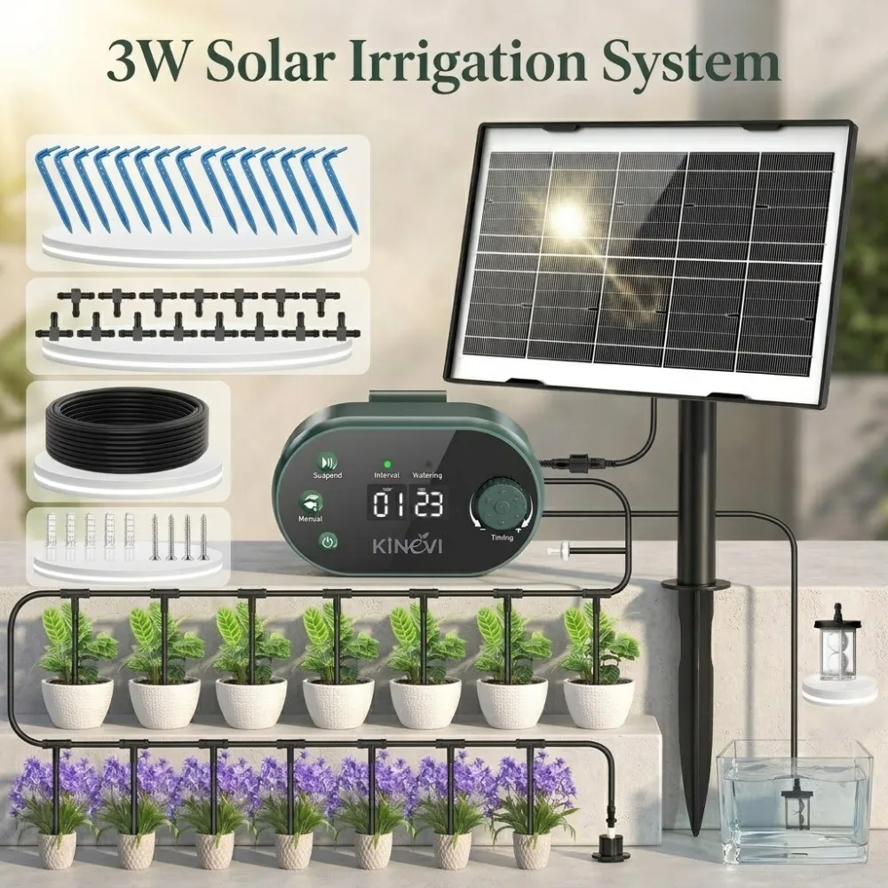 

Solar Irrigation System with 22 Timer Modes, Easy DIY Watering System with 15*Drip Head&15m Hose etc for Garden Plant Vegetable