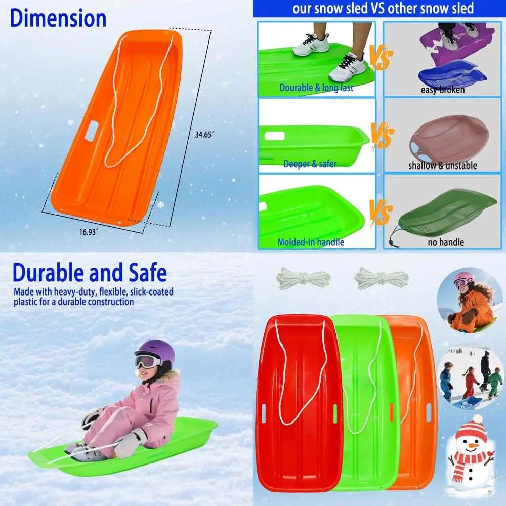 

Durable 35 Inch Snow Sled for Adults and Kids - Flexible, Cold Resistant Design with Pull Rope and Handles for Winter Fun