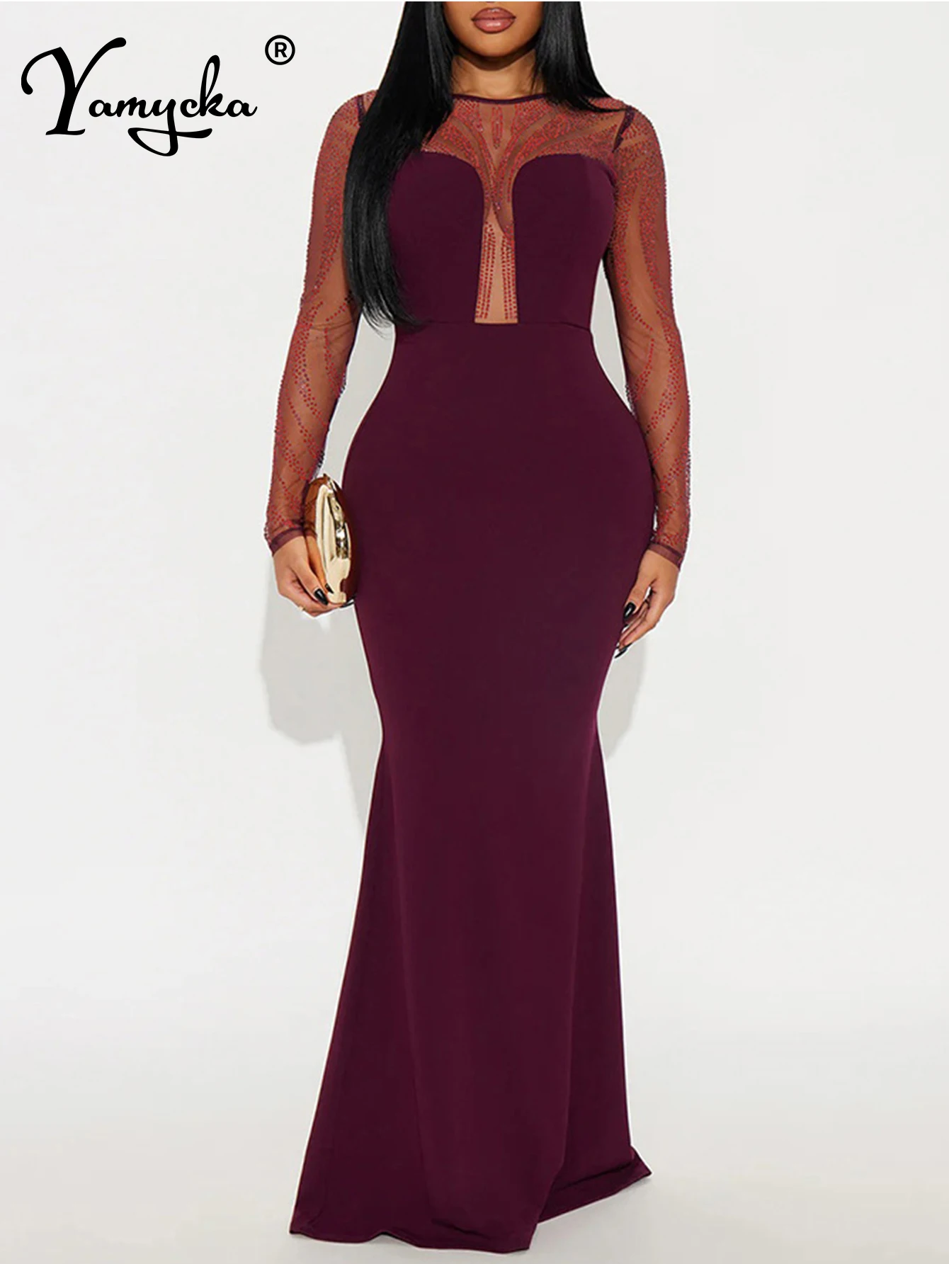 

Sexy elegant party dresses for woman summer see through mesh rhinestone birthday dress women long sleeve evening dresses vestido