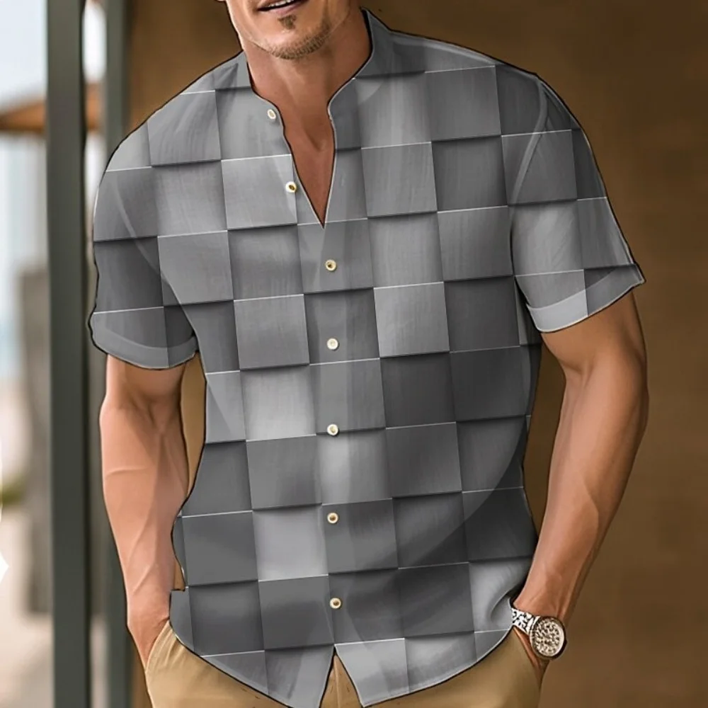 Men's 3D checkered printed shirt, stand up button up men's top, summer Hawaiian men's breathable and comfortable shirt