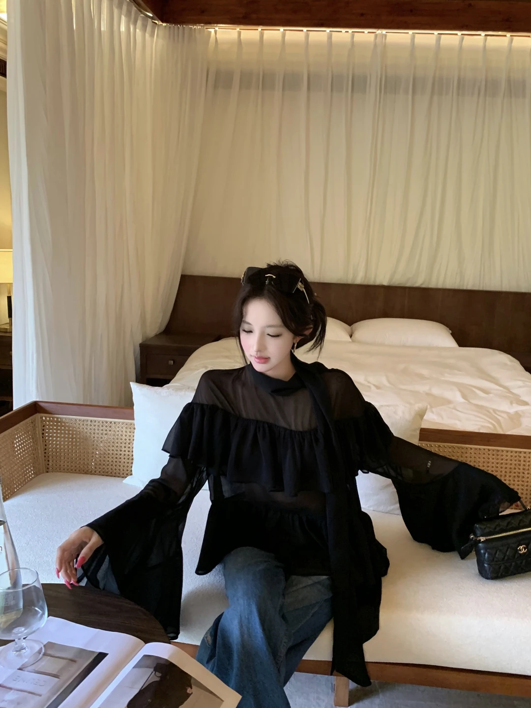 Black Semi-Transparent Lace Sleeve Chiffon Shirt Women's Loose Fitting Oversized Meat Covering High End Feeling Top