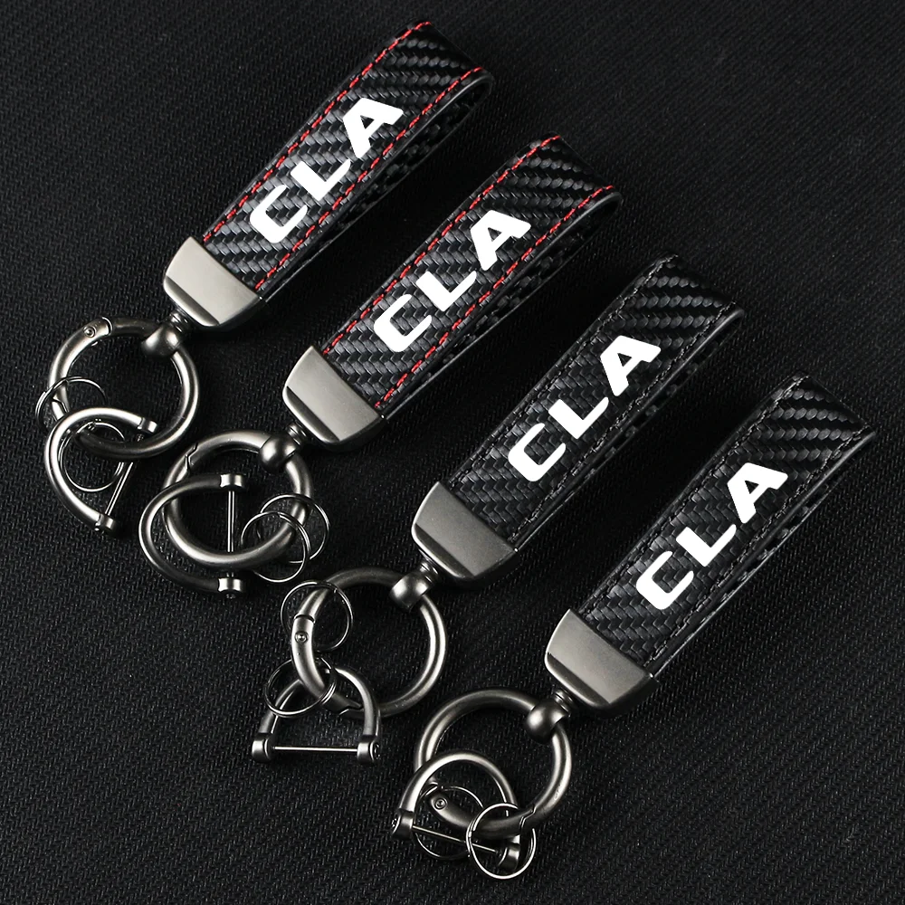 Gantungan kunci mobil kulit serat karbon, gantungan kunci liontin gantungan kunci gesper sepatu kuda untuk Mercedes Benz CLA CLA35 CLS E63 Accessories