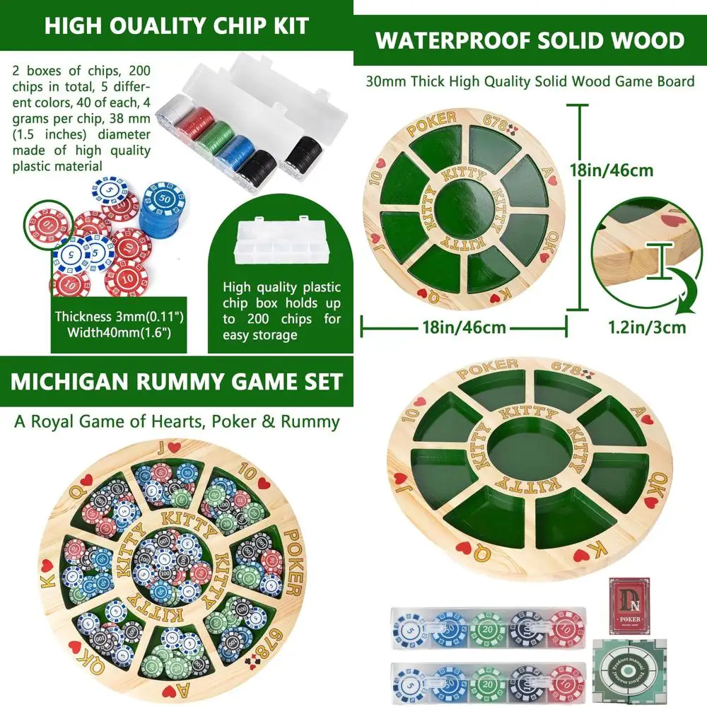 

Michigan Rummy Deluxe: Wooden Board, 200 Chips, Poker Deck, Game Guide - Family Fun Blend of Rummy & Poker