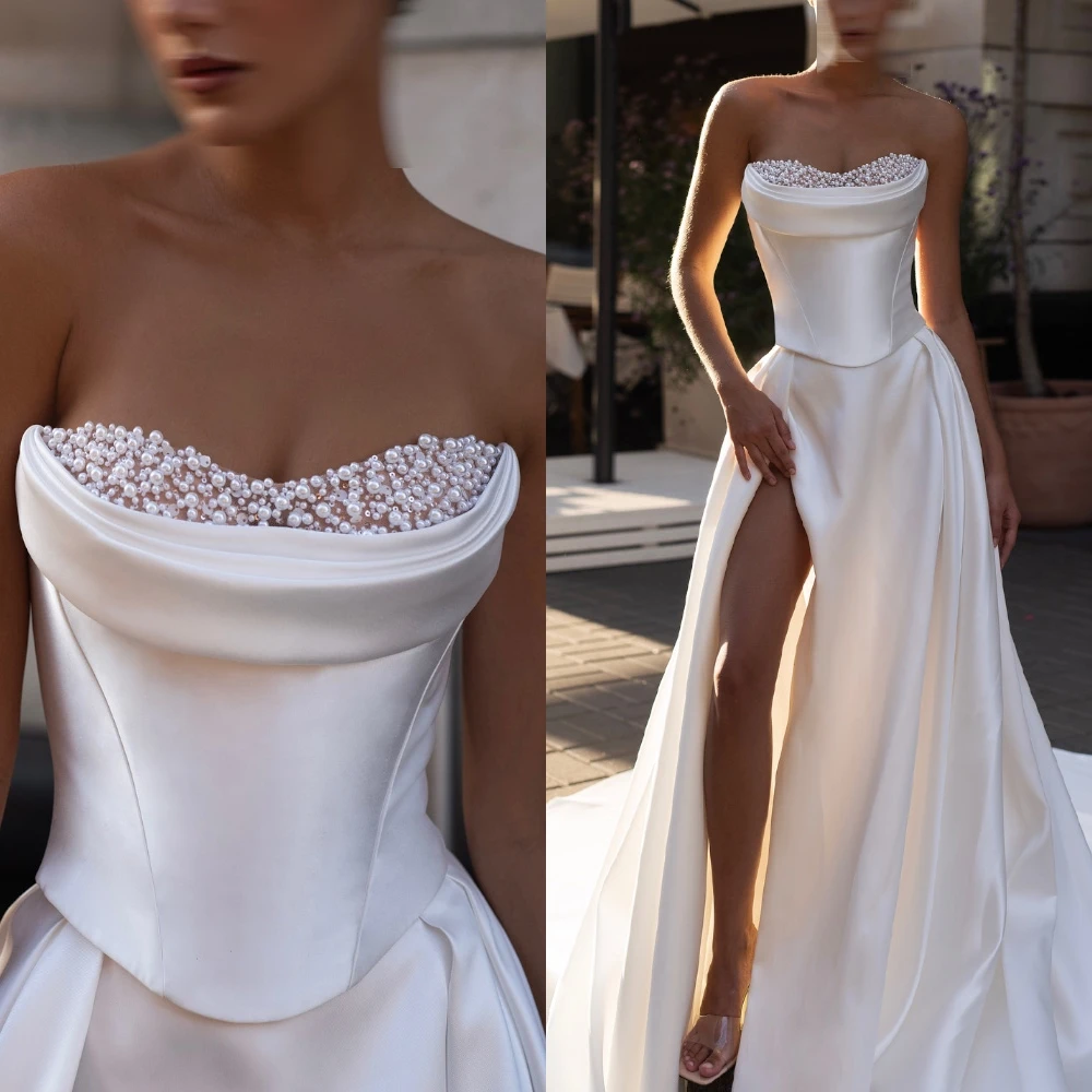 Vestidos de novia de satén blanco puro personalizados, vestidos de novia románticos sin tirantes con perlas, corte en A, bata de novia con lentejuelas brillantes