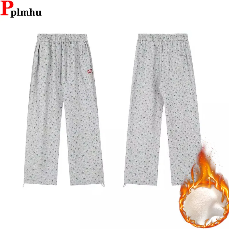 

Winter Flower Print Lace-up High Waist Wide Leg Pants Korea Fashion Jogger Pantalones New Baggy Sweatpants Casual Women Spodnie