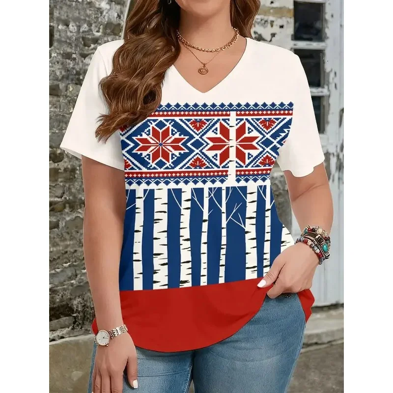 Ethnic style t-shirts with 3D print for women, fashionable streetwear, short-sleeved V-neck, casual Y2k top.