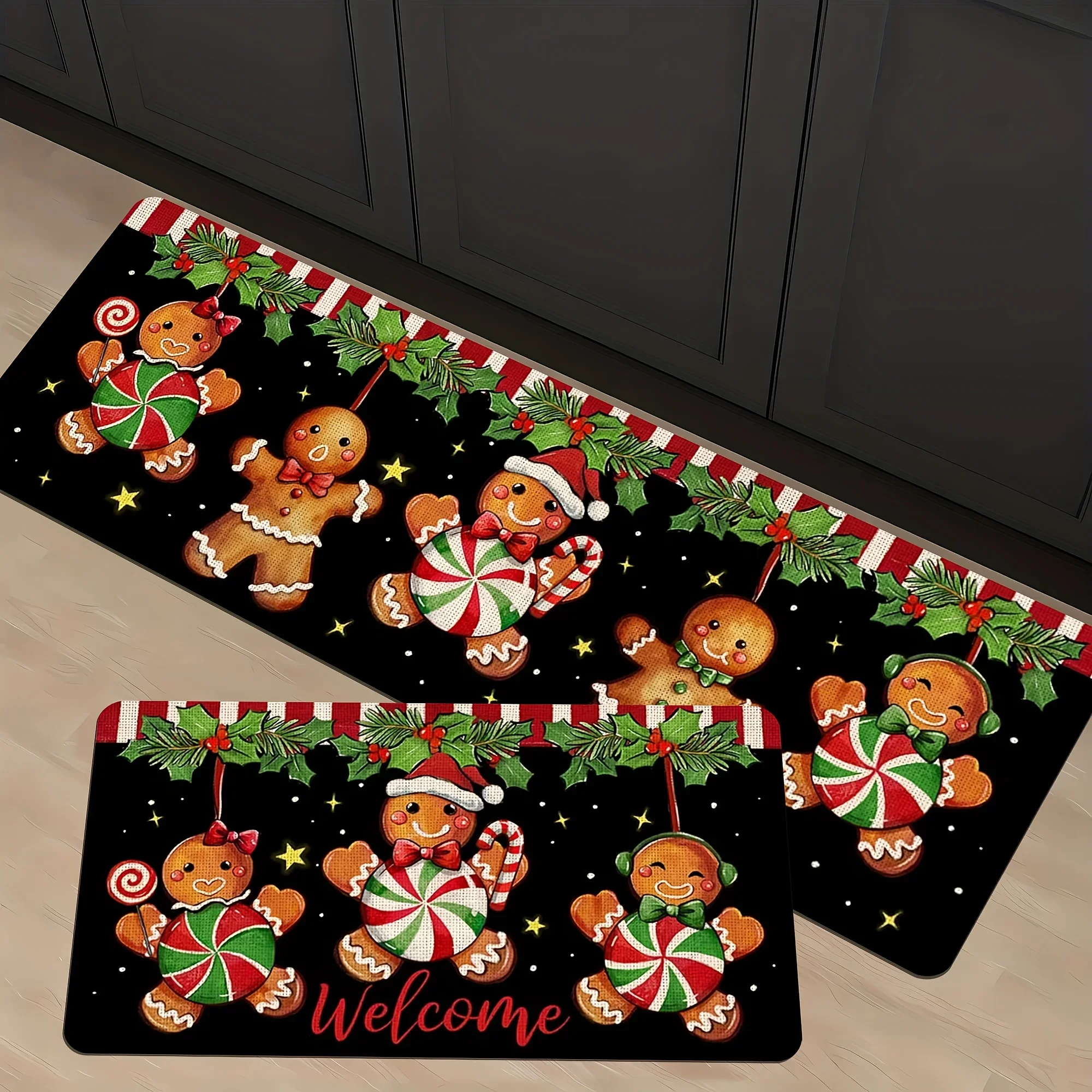 Gingerbread Man Christmas Kitchen Mat Cute Candy Cane Pattern Home Floor Decoration 1/2/3pcs Corridor Hallway Long Carpet