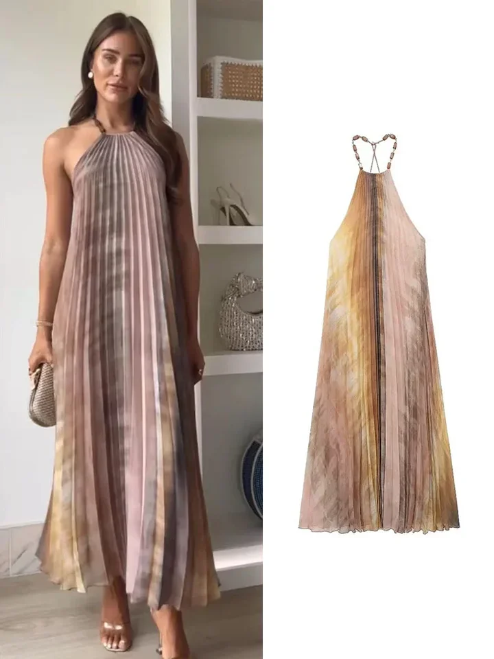 

New Tie Dyed Pleated Midi Dresses For Women Fashion Beading Halter Collar Dress Elegant Casual Sexy Thin Party Dresses