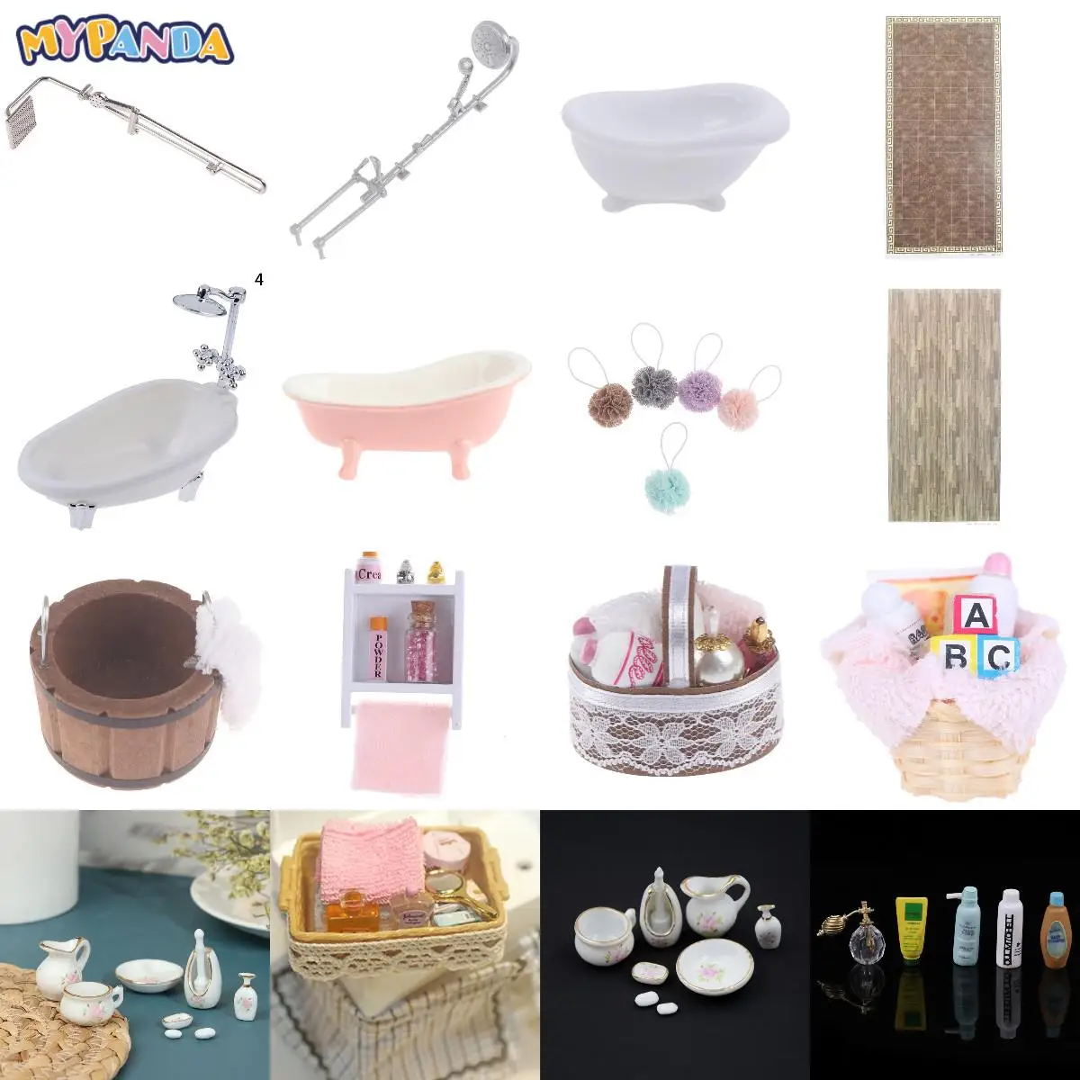 Mini Cute Simulation Dollhouse Bathroom Set Towel Rack Bed Shower Faucet Bathtub Doll House Furniture Toys for Baby Accessories