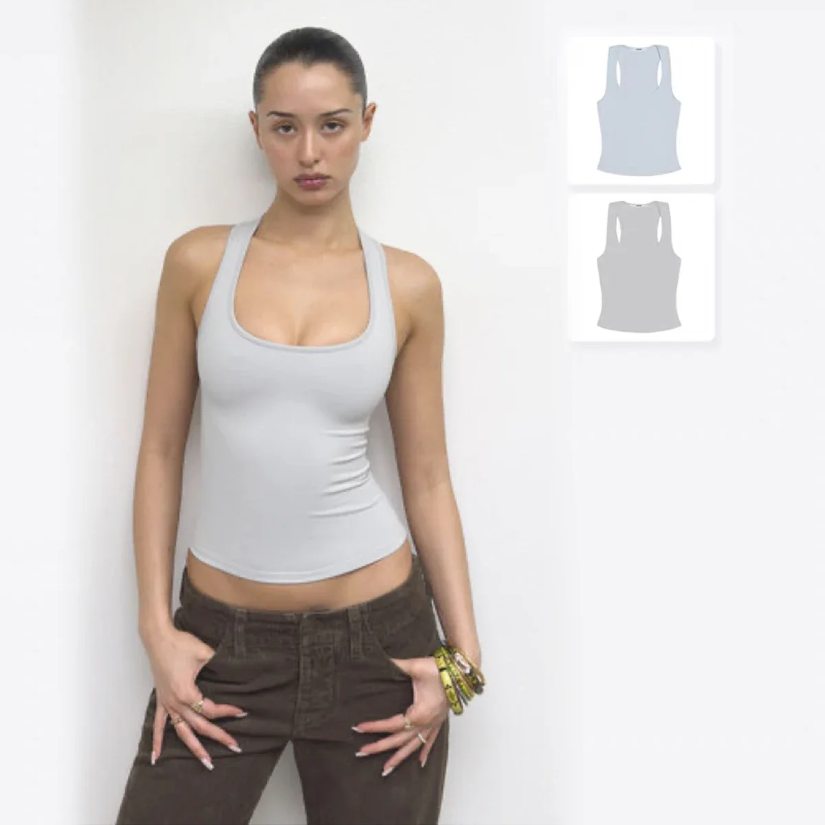 

Tank Classic X-shaped Backless Baby Blue and Misty Gray Multi-color Comfortable Elastic Waist Tight Fit Backless Top