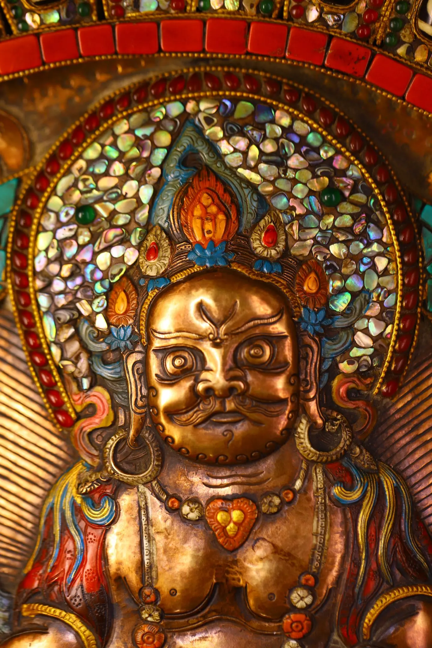 Nepalese folk Old Tiantie Painted Mosaic Gem gZi Beads Turquoise Yellow Jambhala  Buddha Thangka hanging panel
