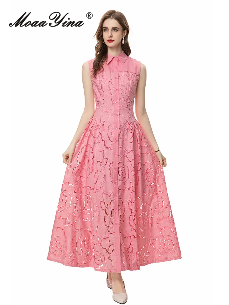 

MoaaYina Fashion Designer Dress Spring Women's Dress Elegant Vintage Solid Hollow Out Jacquard Sleeveless Ankle-Length Dresses