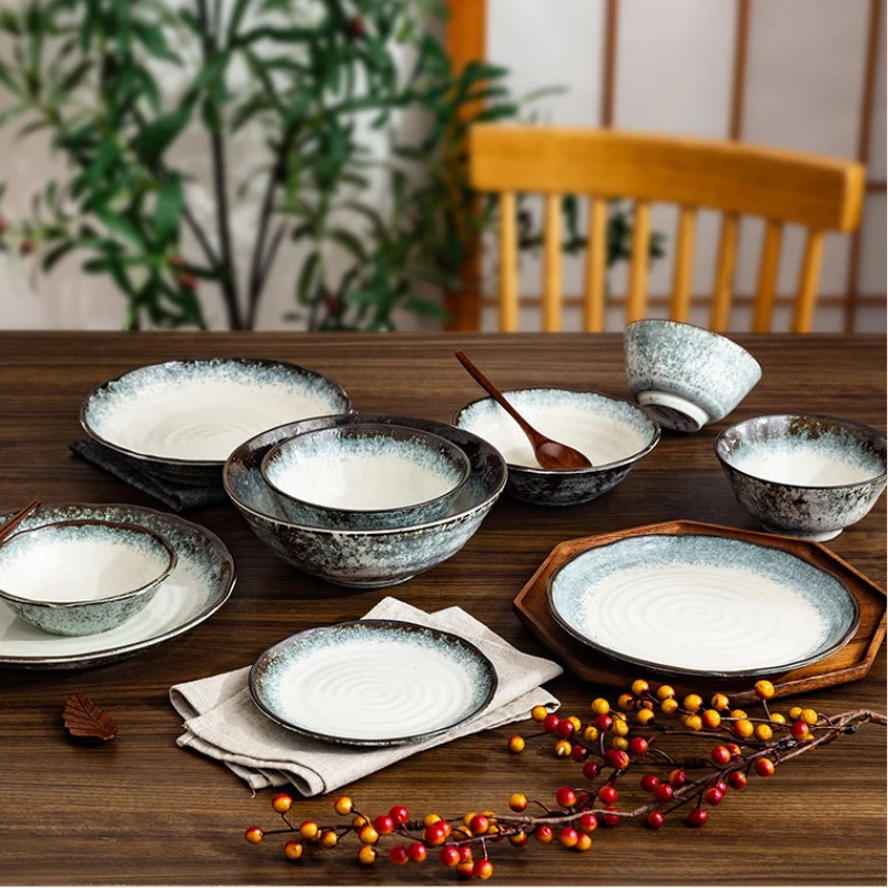 Feather Smoke Series Under-glaze Color Ceramic Dinnerware Set Retro Style Household Rice Bowl Flat Plate Elegant Deep Plate Gift