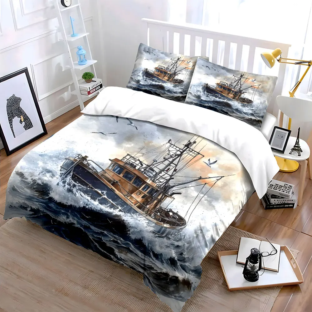 Fishing boat in rough waves Bedding Set for Kids Luxury Gift 3pcs Digital Print Comforter Set Soft Comfortable Breathable