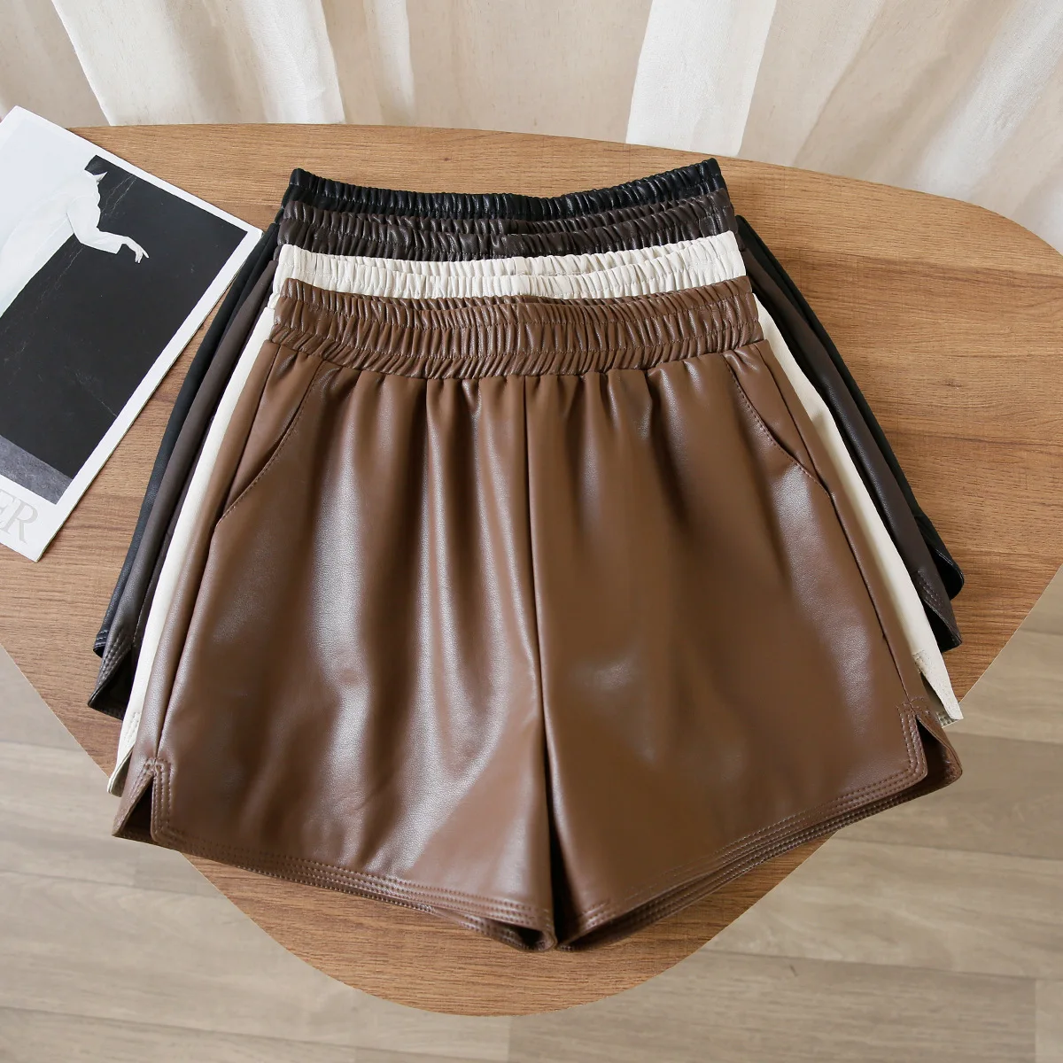 

Elastic Waist PU Leather Shorts For Women High Waist New Style Loose Fit Short Pants