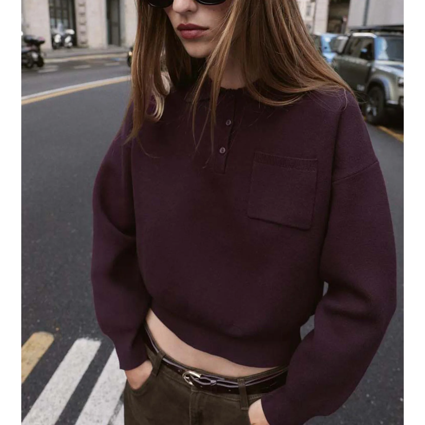 秋の新作 レディース カジュアル ゆったり ポケット付き ポロニット セーター 半袖 レギュラー丈 ポリエステル繊維00%