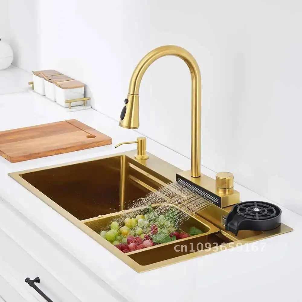 gold kichen sink Waterfall faucet Nano sink 304 Stainless Golden Steel Basin Bowl with Topmount Wash chopping Single board