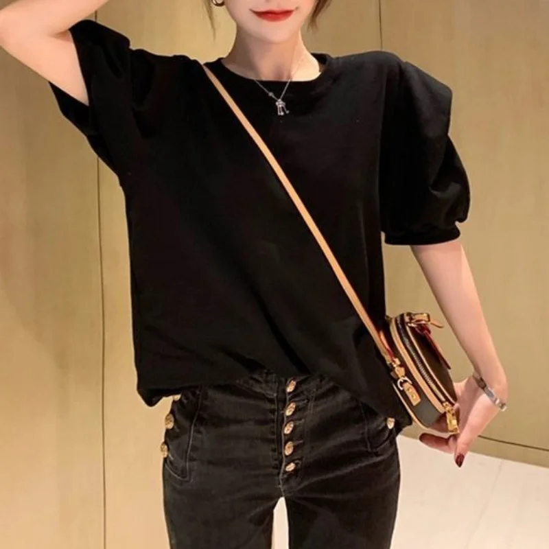 New All-Match Puff Short Sleeve Tees T-Shirts Women Summer 2023 Solid O Neck Pullover Harajuku Loose Casual Ladies Top Femme