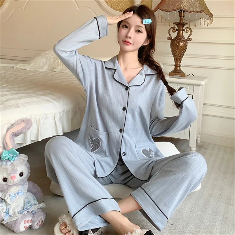 Lapel Collar Pajama Sets For Women Long Sleeve Cotton Pyjamas Femme Autumn Winter Sleepwear 2PCS Nightwear Home Clothing New