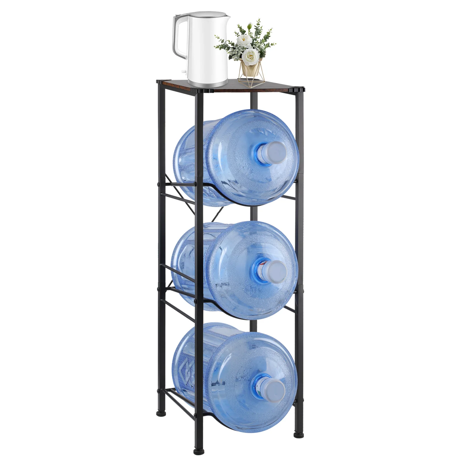 

3-Tier Water Bottle Rack, Wood Top Metal Frame, 5 Gallon Water Jug Storage Stand, Black