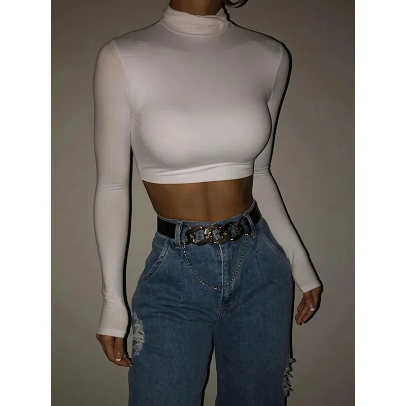 

JINIA Basic Sheath Women Solid Turtleneck Tshirt Autumn Stretch Casual Undershirt Female All-match Street Activity Crop Tops